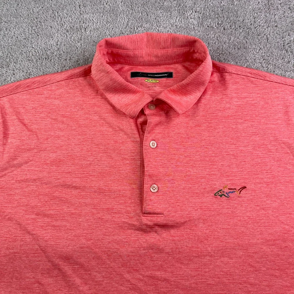 Greg Norman‎ Polo Shirt Mens 2XL Pink Heathered PlayDry Performance Golf Shark